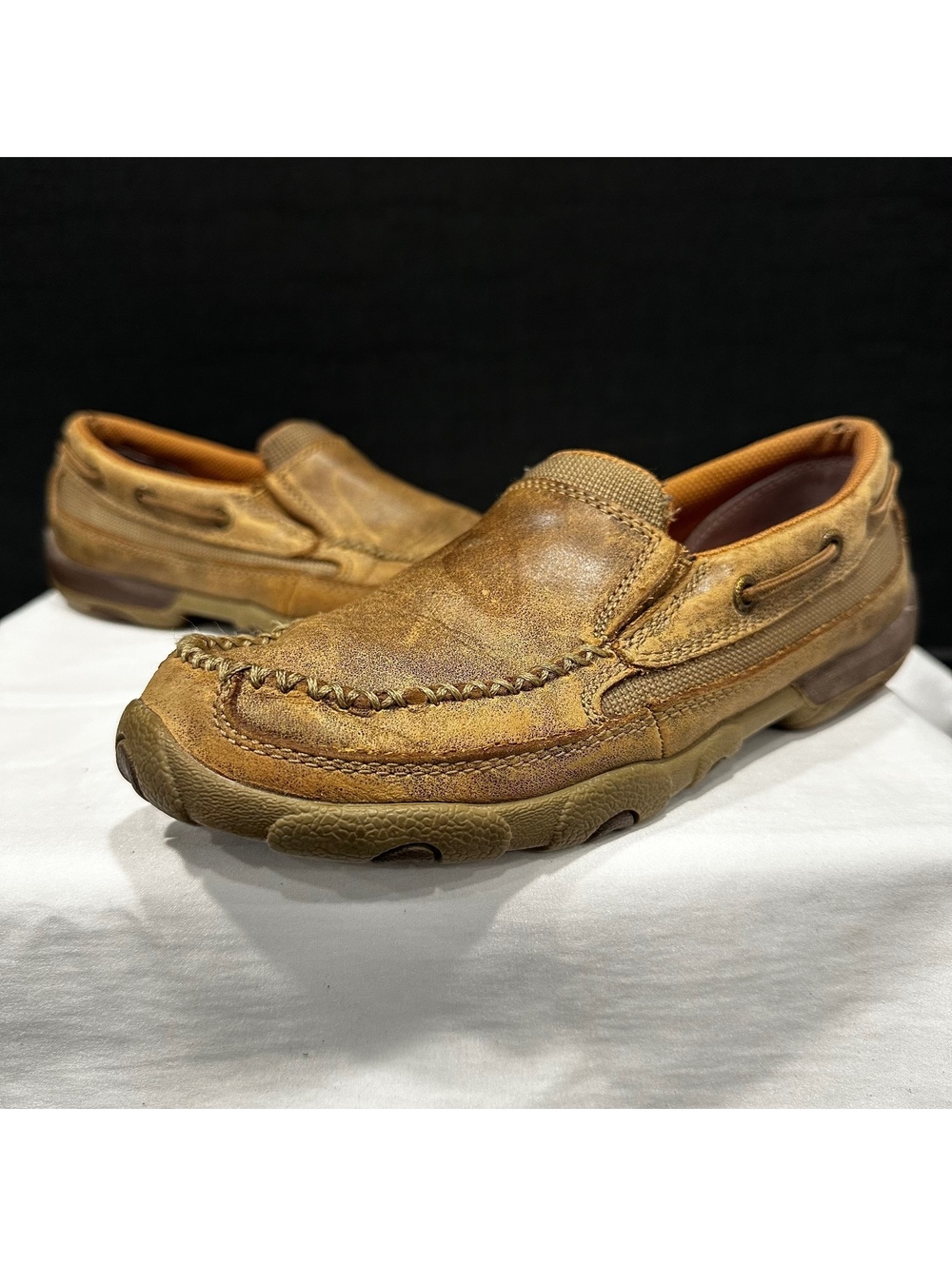 Men’s Brown Leather Slip-On Driving Loafers with Red Insoles, Size 6 1/2
